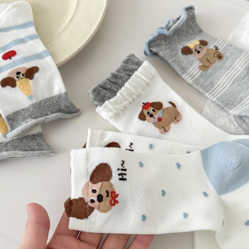 Spring/Summer Striped Mesh Puppy Socks: Cute Cartoon Polka Dot Mid-Calf for Women