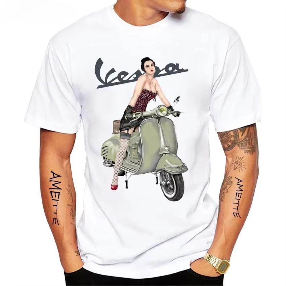 Hip Hop Garçon Décontracté Hauts BlancsStyle Homme Vintage Nouveau Été Homme Manches Courtes Rétro Classique Vespa Italie Scooter Imprimé Artistique T-Shirt