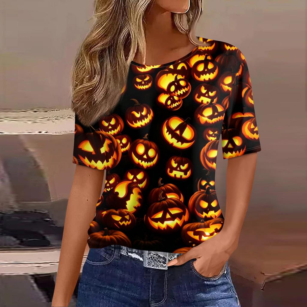 Women's Casual Short Sleeve Halloween Pullover Top with Bat and Pumpkin Print Round Neck Relaxed Fit Shirt for Fall Season