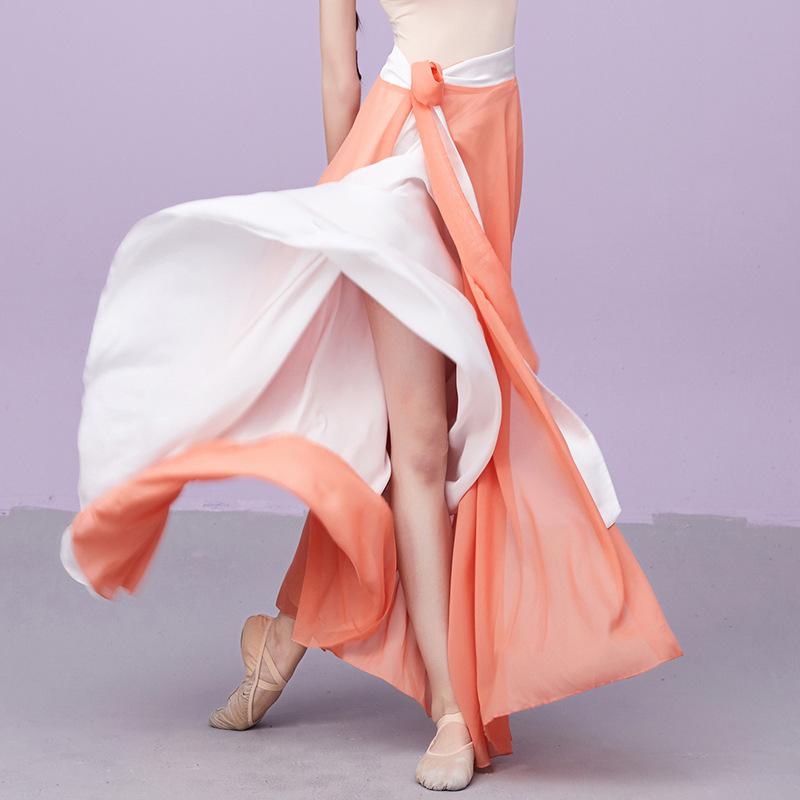 Two-Tone Satin Chiffon Lace-up Dance Midi Skirt for Women