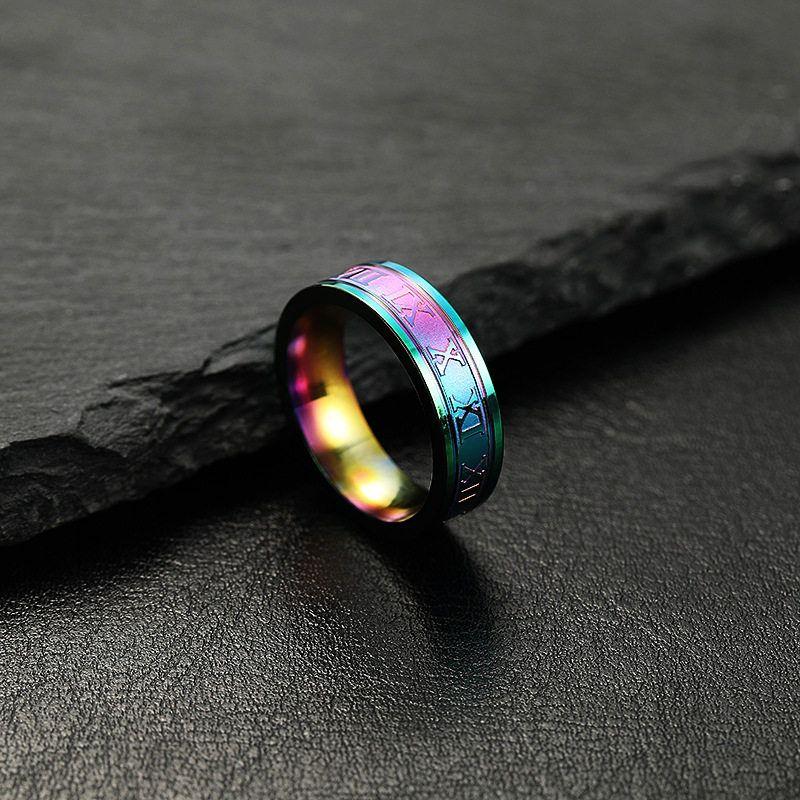 Cross-Border Foreign Trade Stainless Steel Jewelry Hot Sale Western Style 6mm Corrosion Roman Word Multi-Color Optional Titanium Steel Ring