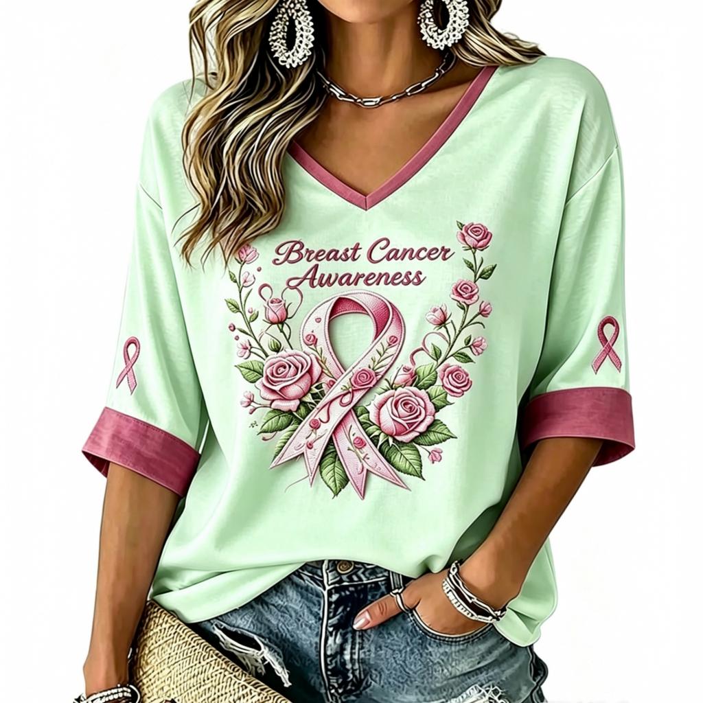 Women's V-neck anti-breast-cancer printed summer lightweight top
