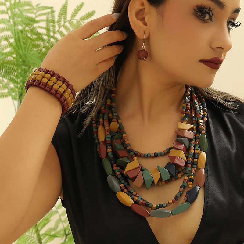 Multi-layer Handmade Wood Beads Necklace Earrings Bracelet Jewelry Set Vintage Color Statement Collar Boho Beads Long Necklace
