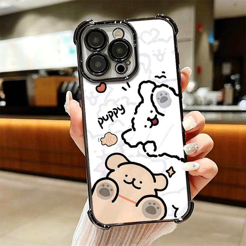 Kawaii Line Puppy Cute Soft Phone Case For iPhone 15 16 17 Air 14 Pro Max 16E Plus 13 12 Mini Plating Anti-Fall Fundas