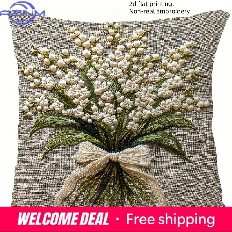 Lily Of The Valley 2D Flat-Printed Pillow Cover With Non-Real Embroidery Sofa Cushion Cover, Home Decoration, 2D Printing