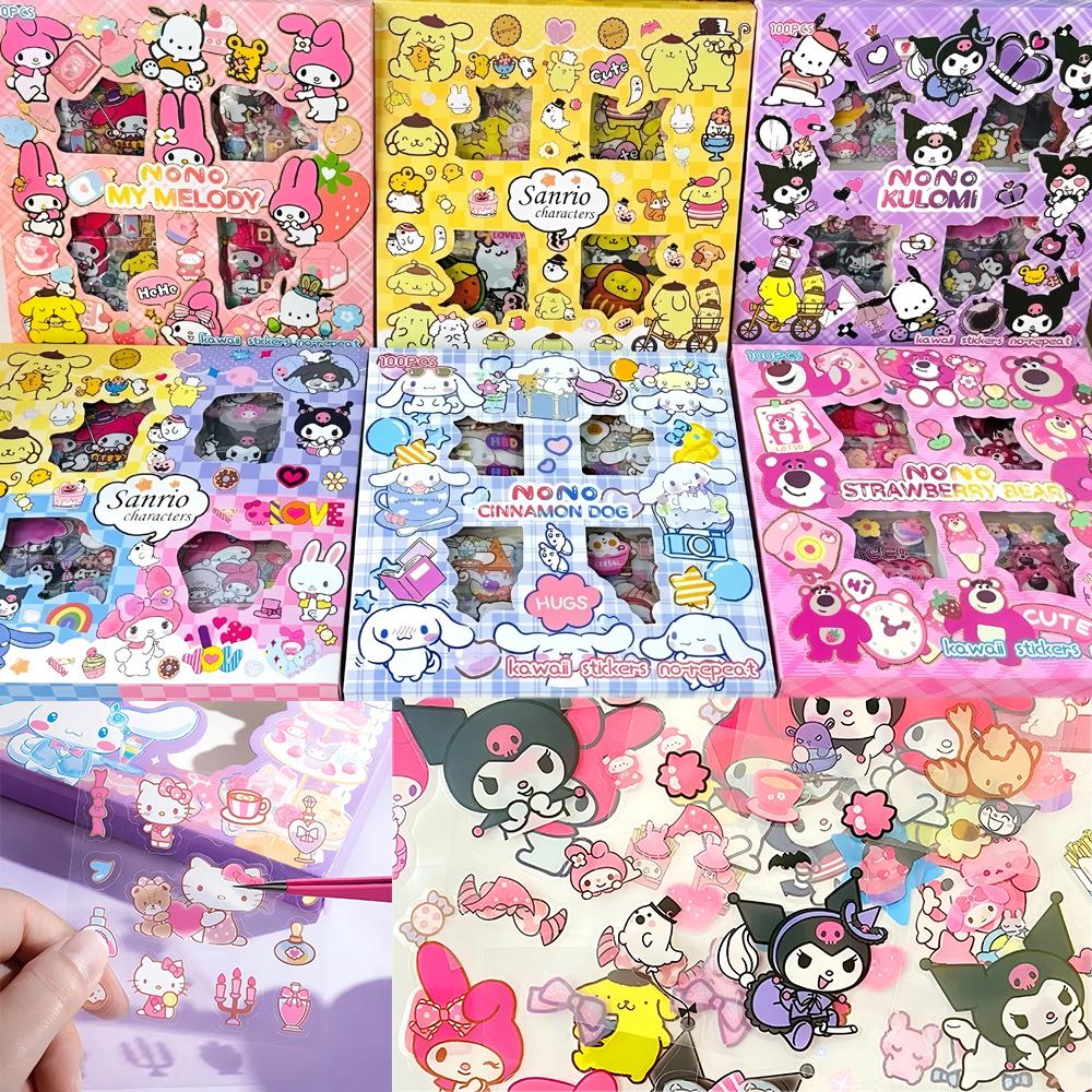 100Pcs Sanrio Stickers Kids Girls Decals Toys Transparent My Melody Kuromi Waterproof Cartoon Sticker Birthday Gifts