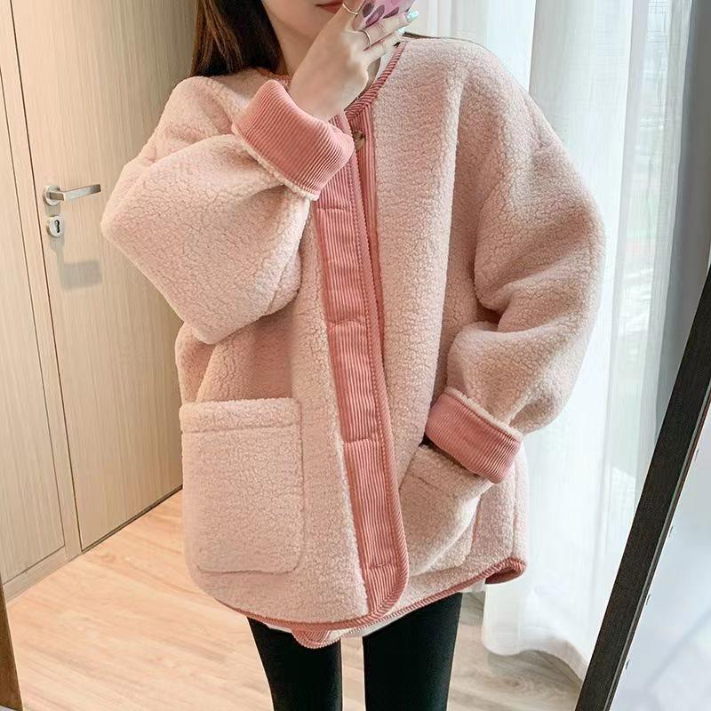 Korean Style Lamb Wool Corduroy Patchwork Coat - Women's Round Neck Loose Fit for Autumn and Winter