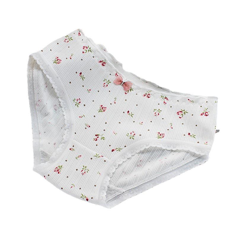 Japanese Floral Lace-Trimmed Mid-Rise Cotton Briefs for Girls and Women