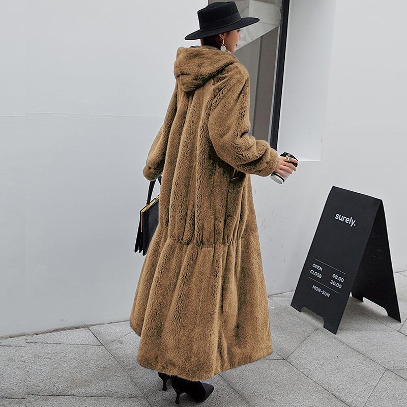 Winter New Casual Temperament Loose Imitation Rex Rabbit Fur Jacket Women's Hooded Long Coat Trendy