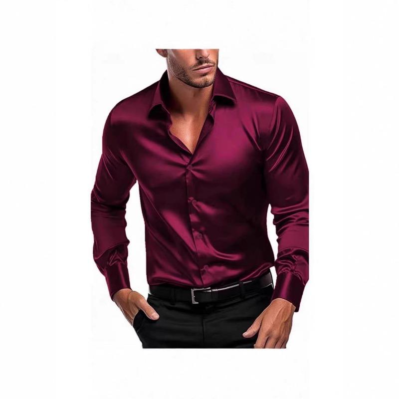 Men Burgundy Silky Satin Long Sleeve Casual Business Work Shirt