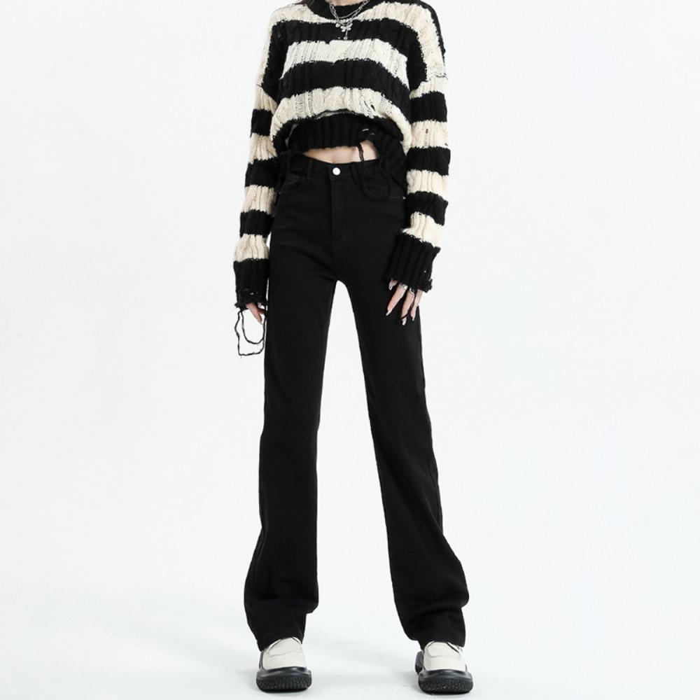 

Персонализированные прямые джинсы для通勤 женские весенне-осенние новые корейская версия маленькие свободные и тонкие брюки для подметания пола тренд 2XL чёрный