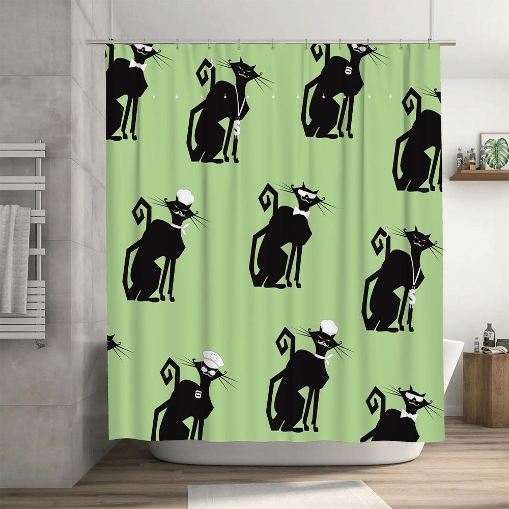 Black Cat Shower Curtain Waterproof Fabric, Non-slip Rubber Eyelet Ring, Green Background Decorative Bathroom Accessories Set Fo