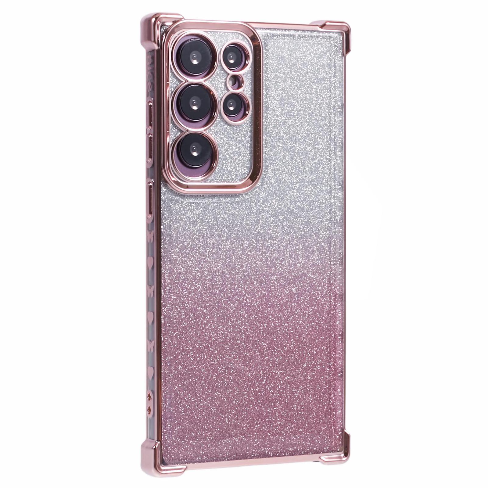 

For Samsung Galaxy S22 Ultra 5G Case TPU Glitter Gradien Phone Cover Love Heart Pattern Frame Pink