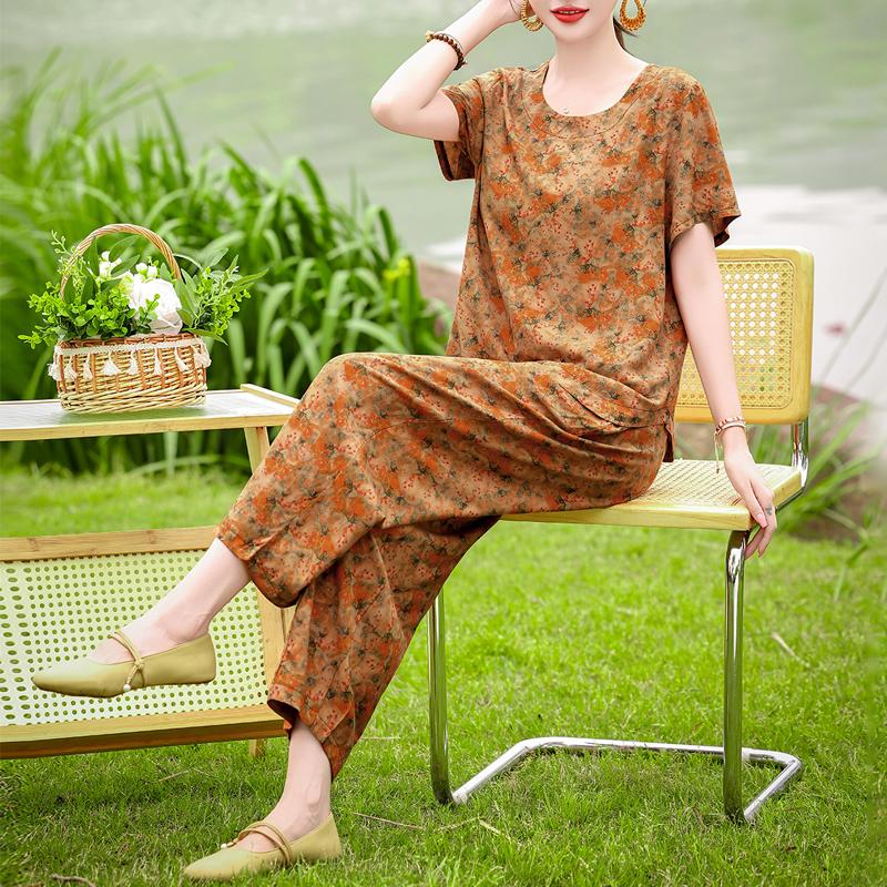 Women's Summer Printed 2-Piece Outfit, Plus Size Casual Short Sleeve Top & Pants Set (XL-5XL)