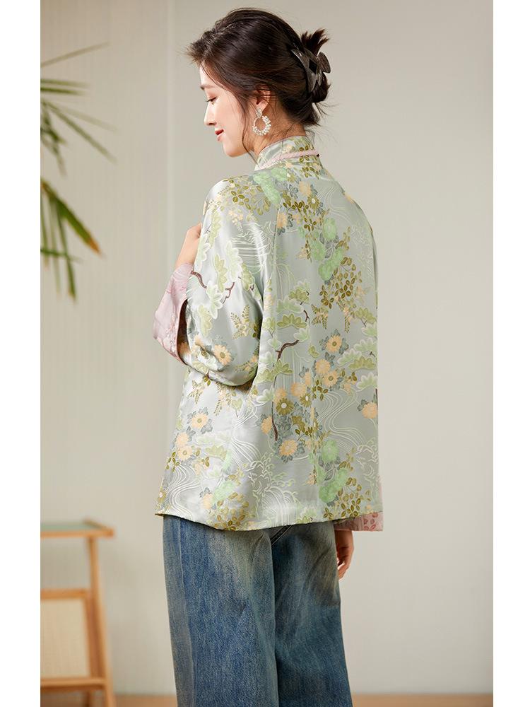 Spot! 32 Momme Mulberry Silk Jacquard Jacket with Frog Button - Tang Suit Style