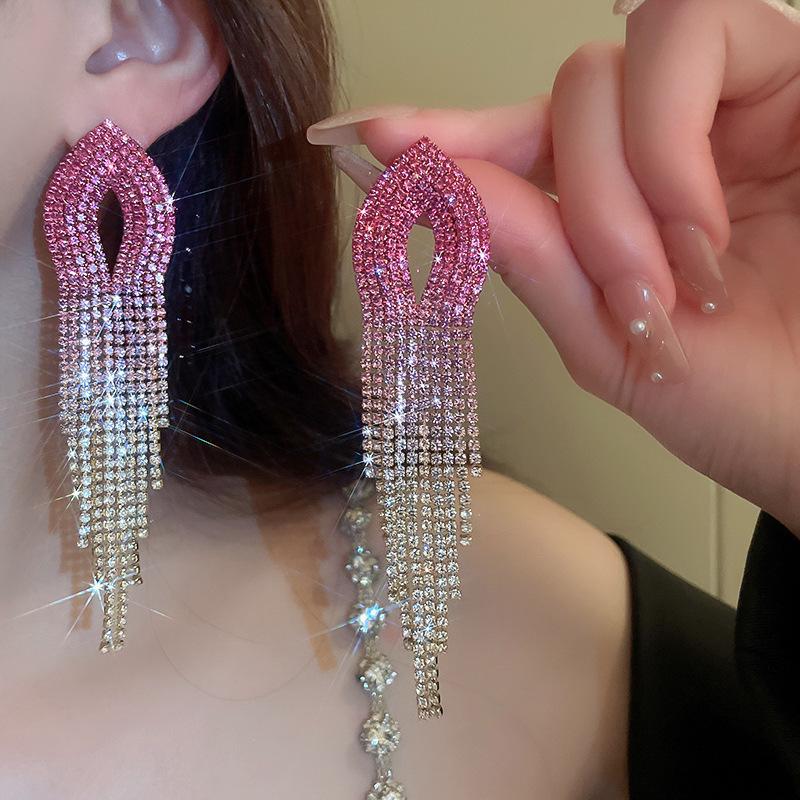 Temperament Color Shiny Rhinestone Long Earrings