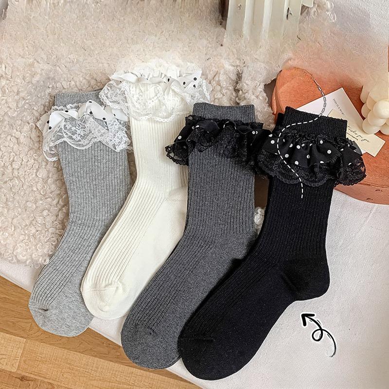 Polka Dot Socks, Women's Spring and Autumn Mid-calf Socks, Vertical Striped Lace Cotton Socks, Boneless Long Socks
