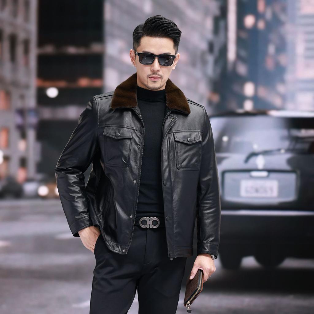 Mink velvet collar genuine leather cowhide jacket with lining mink velvet genuine leather jacket men's lapel thickened jacket winter