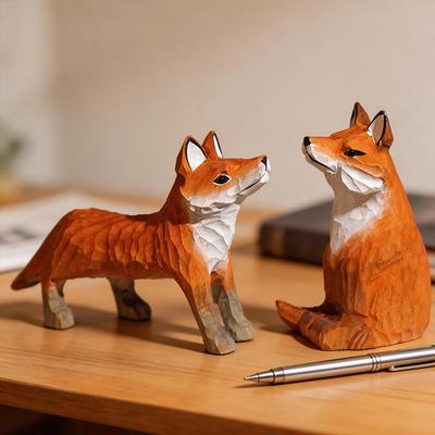 Handcrafted Wood Carving Fox Statue Cute Fox Figurines Desk Ornament Decorations Accessories Animal Sculpture Home Decor Crafts