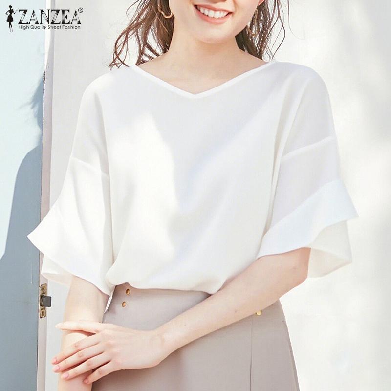 ZANZEA Damen Freizeit Rundhals Einfarbig Kurzarm Bluse