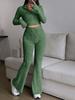 Fashion Solid Stitch Two-Piece Set with Zipper Long Sleeve Crop Top and High Waist Wide Leg Pants Women Casual Outfit