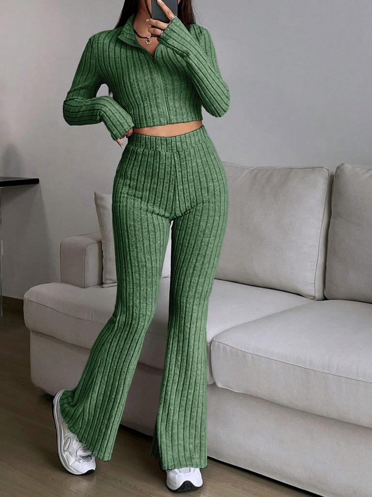 Fashion Solid Stitch Two-Piece Set with Zipper Long Sleeve Crop Top and High Waist Wide Leg Pants Women Casual Outfit