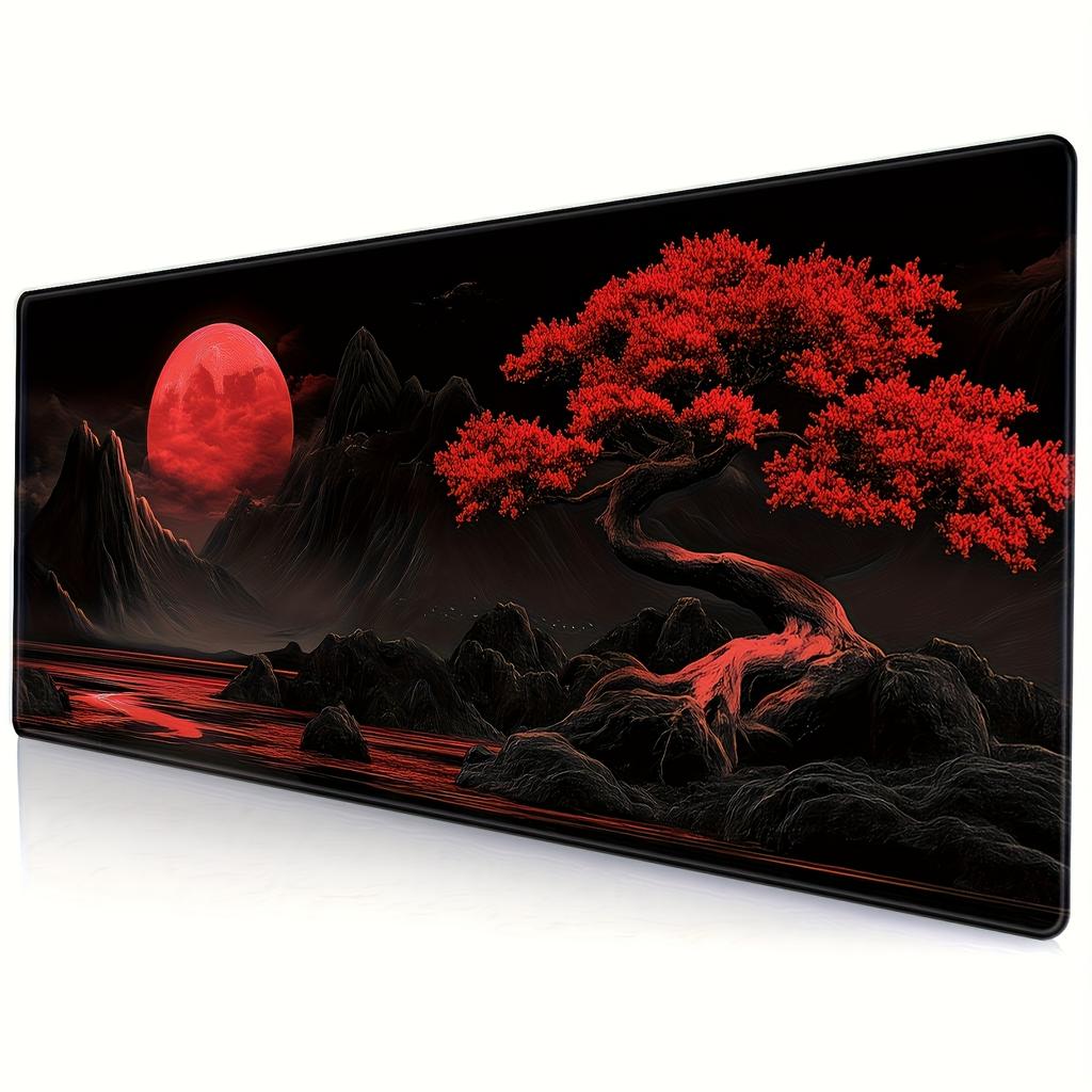 Red Moon Landscape Style Mouse Pad with Locked Edges Durable Washable Extra Large NonSlip Mat for Keyboard and Mouse