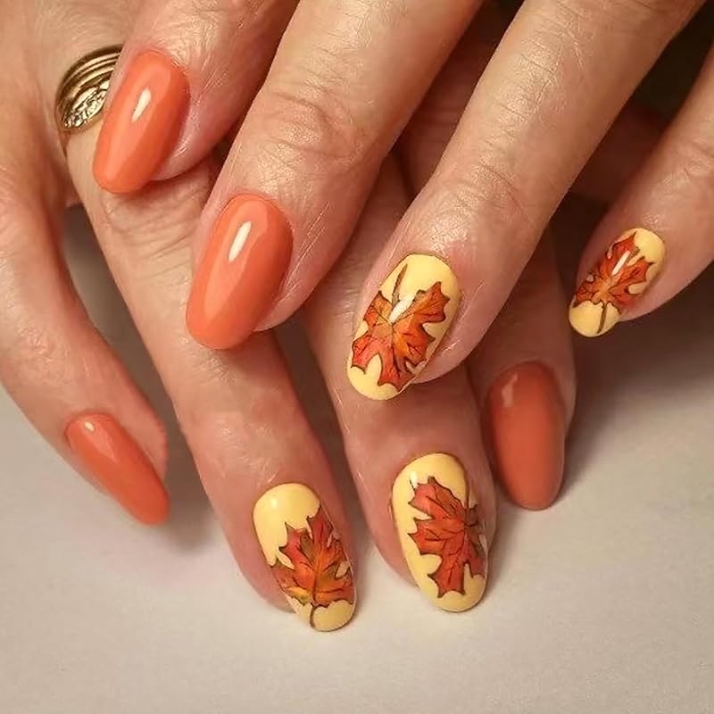 Fall Leaf Press On Nails Thanksgiving Fake Nails with Rhinestones Design Long Almond Autumn Acrylic Nail Glossy Maple Leaves Glue On Nail for Women