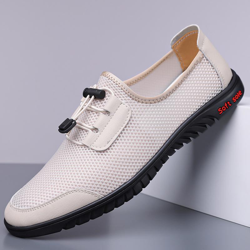 Men's business casual shoes summer breathable mesh hollow thin men's shoes elastic band wear a foot lazy shoes