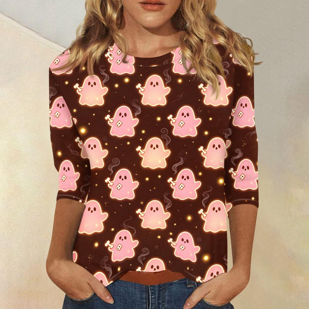 Women’s Casual Three Quarter Sleeve Halloween Print Crew Neck Top with Relaxed Fit for Seasonal Wear and Everyday Outfits