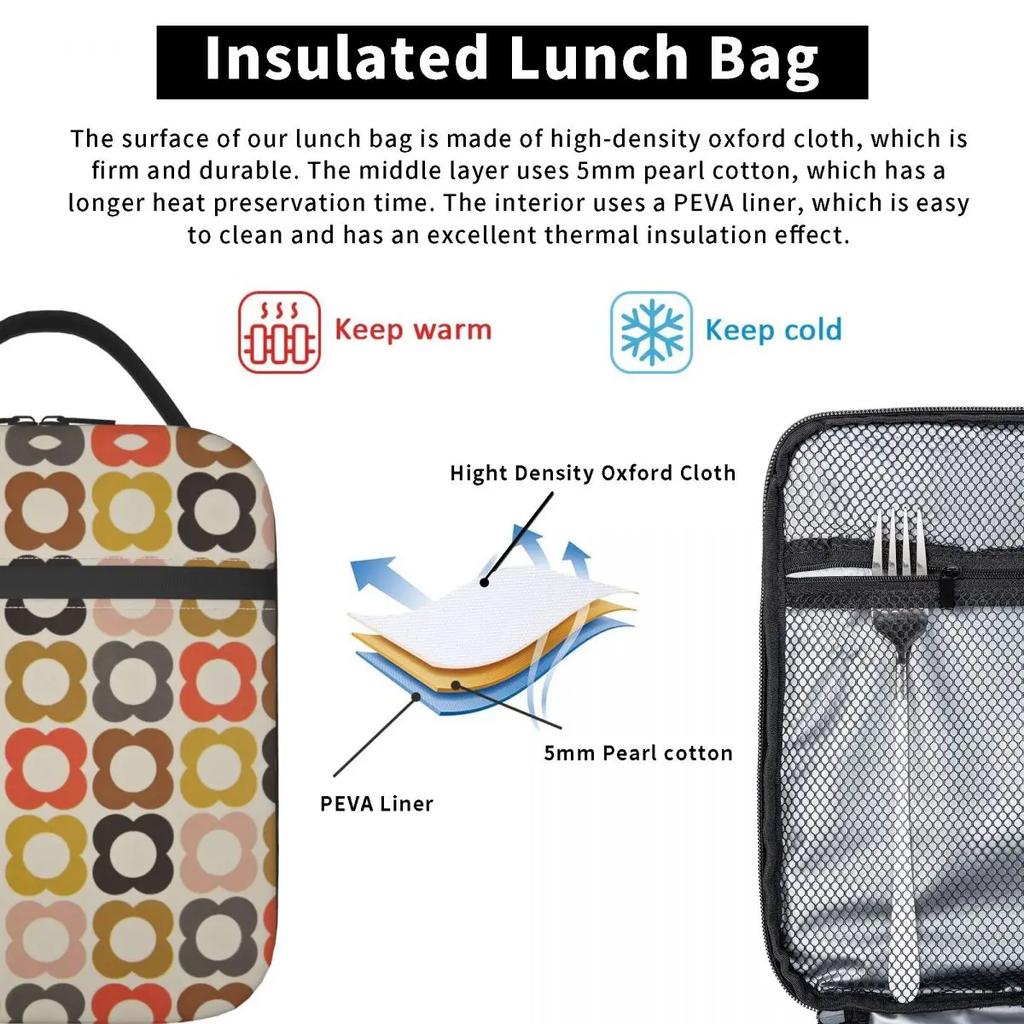 Abstract Flowers Orla Kiely Portable Lunch Box Leakproof Scandinavian Style Thermal Cooler Food Insulated Lunch Bag Kids School