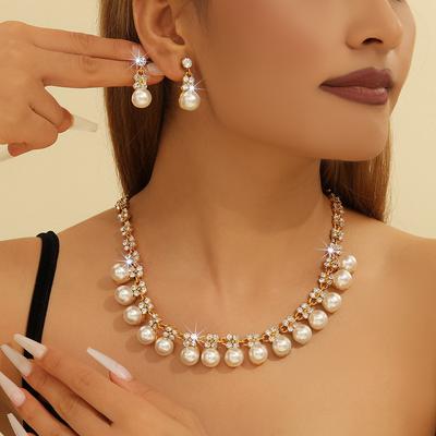 European and American Retro Necklace Set Women's Jewelry Rhinestone Imitation Pearl Exaggerated Jewelry Bridal Wedding Accessories