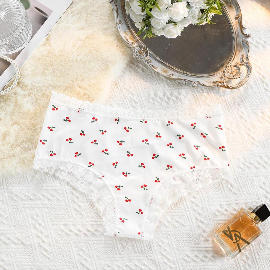 Cherry Print Women's Lace Trim Seamless Cotton Panties - No Ride Up Triangle Style