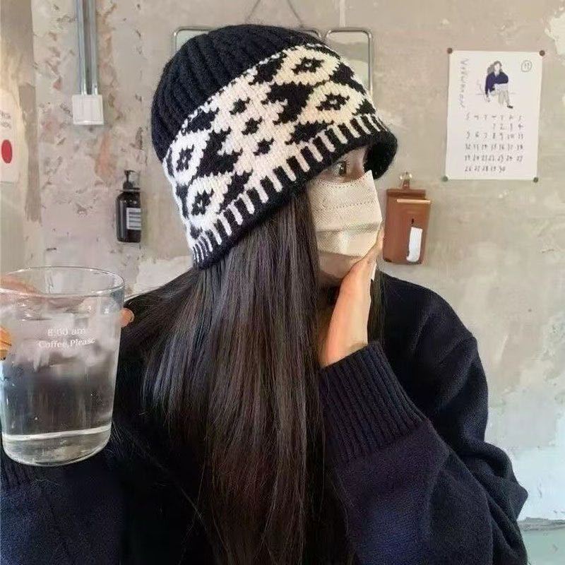 

New retro wool hat couple autumn and winter designer diamond pattern color matching warm knitted hat cold hat