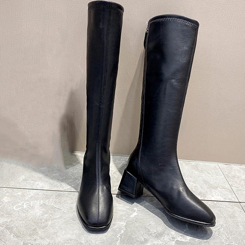 Knee High Boots Women Fleece Chunky High Heels Back Zipper Thigh High Boots PU Leather Shoes Fashion Winter Long Boots