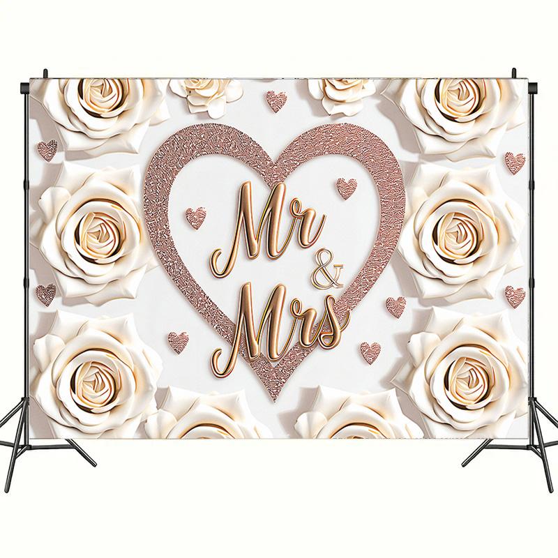 1pc Mr & Mrs Wedding Backdrop with Heart&White Roses,Party Banner for Weddings,Romantic Photo Background Decor,Wall Decor,Reusable Supplies