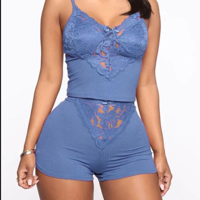 Sexy Lace Ribbed Camisole & Shorts Women s Loungewear Set
