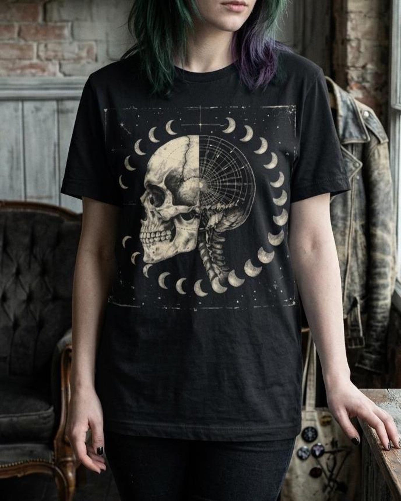 Skull Moon Phase Shirt, Celestial Skeleton Gothic Tee, Lunar Astrology Art, Dark Academia Clothing S