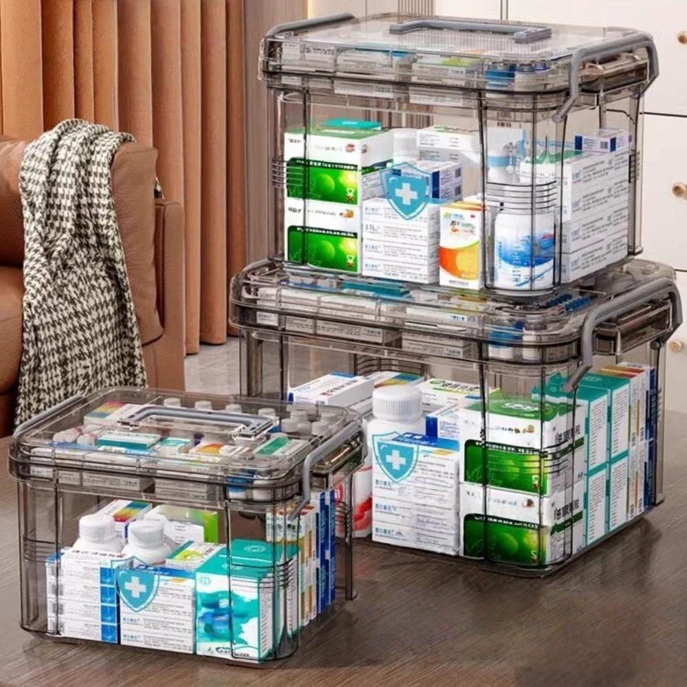 Clear Medicine Organizer Storage Box With Tray Plastic First Aid Box Empty Thickened Medicine Container Chest