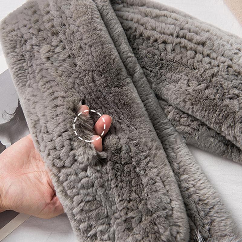 Luxury New Rex Rabbit Fur Long Scarf Mufflers Soft Thick Shawl Neck Ring for Women Silver Fox Fur Pompoms for Winter