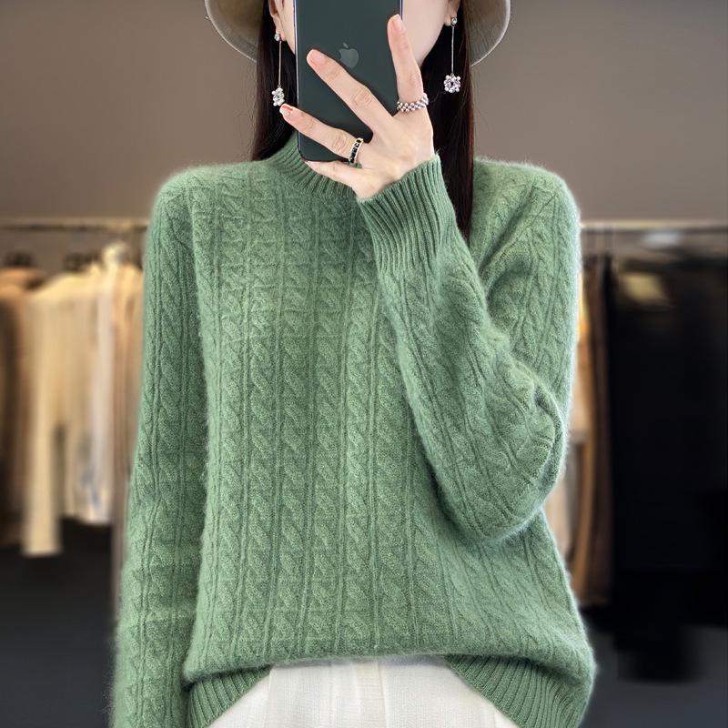 2023 Autumn/Winter Women's Korean Wool Cable Knit Round Neck Sweater