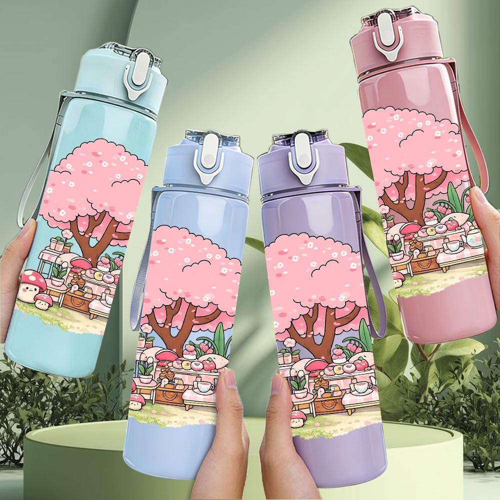 1PC Cherry Blossom Tree Girl Scene Print 750ml Color Plastic Sports Water Bottle Leakproof Flip Straw Lid Suitable for Sports Office Home Use