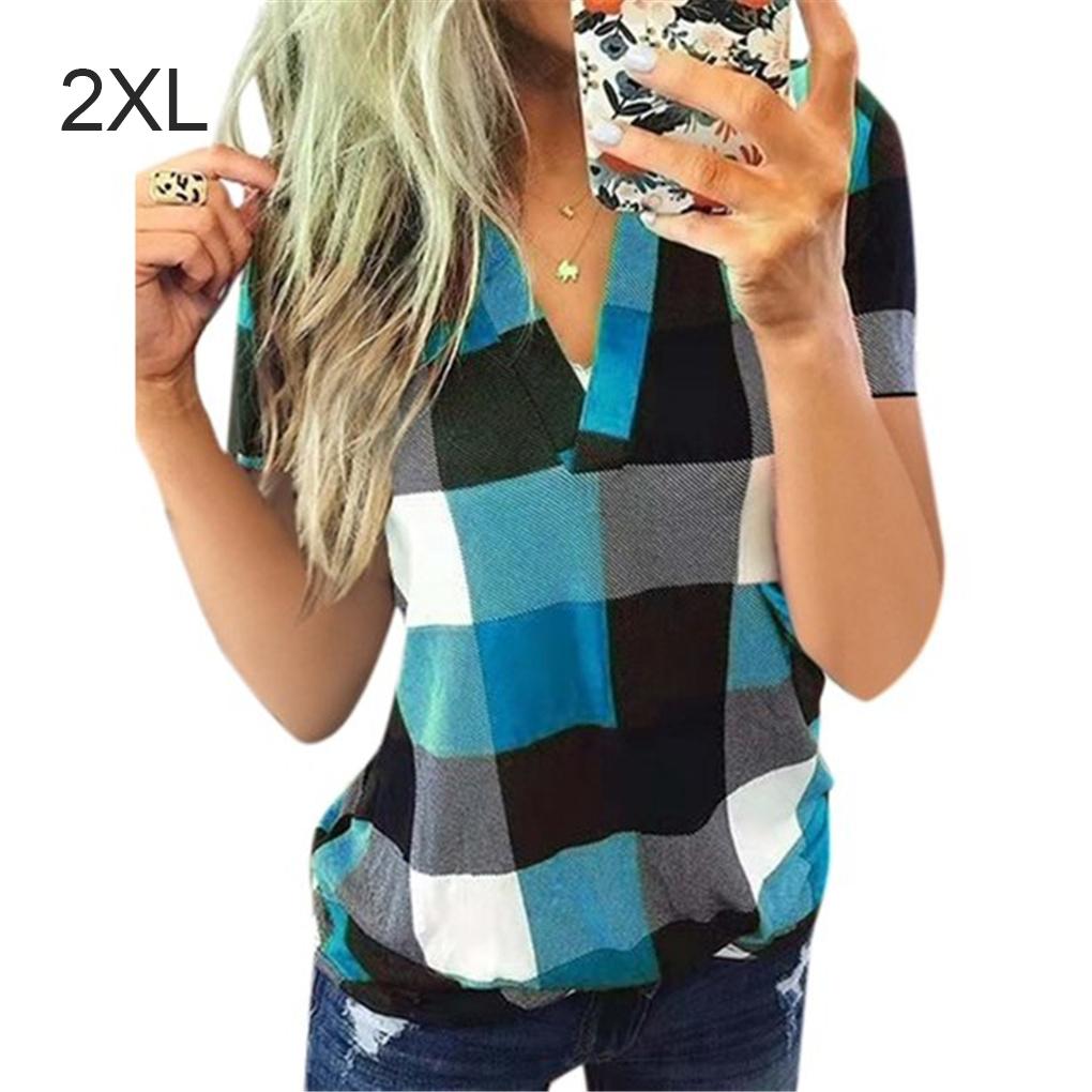 Women T Shirt V Neck Short Sleeve Top Plaid Print Casual Blouse