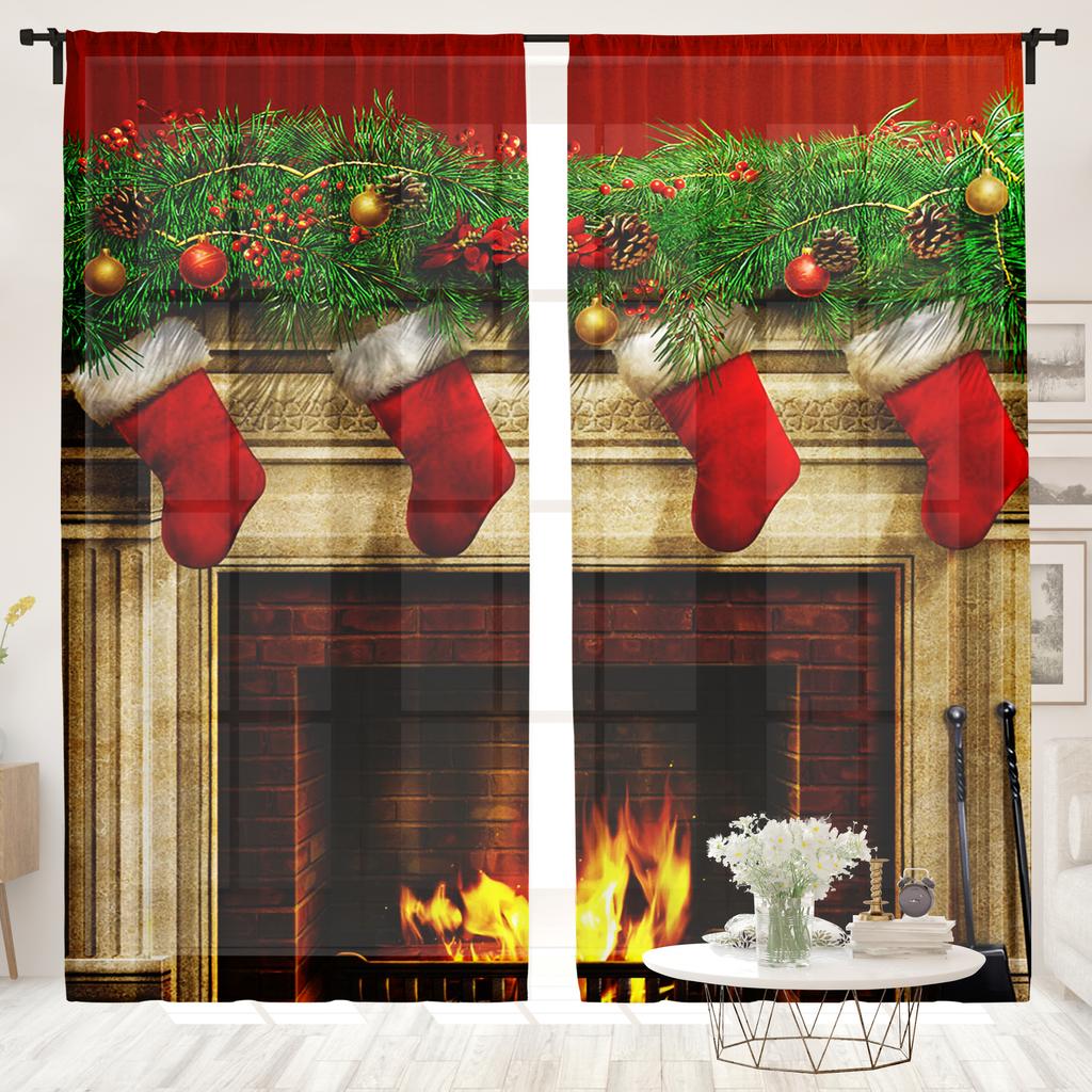Christmas Stockings Fireplace Curtains Suitable Living Room Bedroom Kitchen Home Decoration Light Blocking Set Of 2 Made Polyester Great Decor