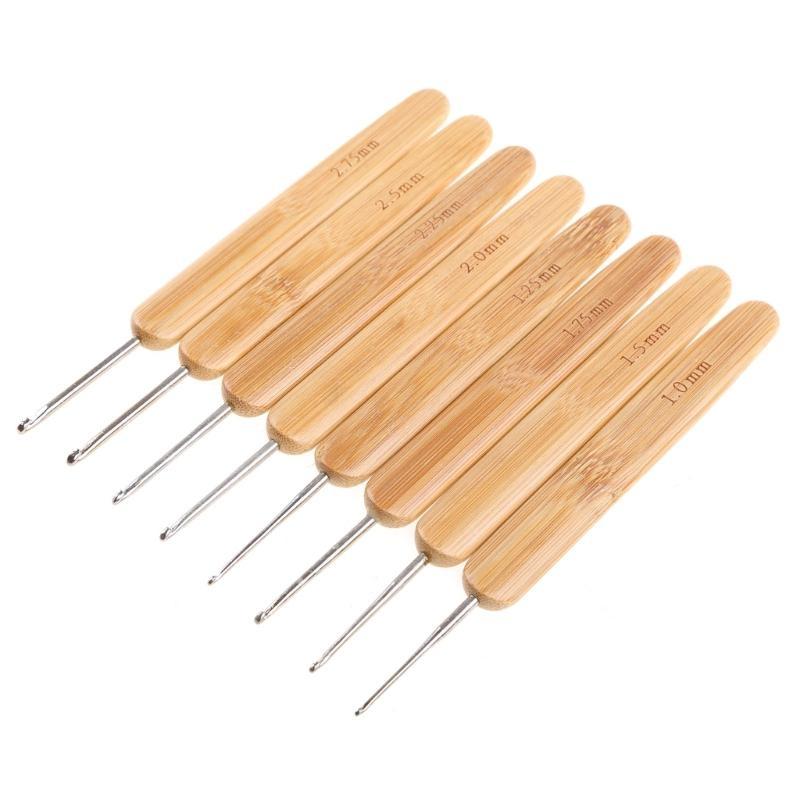 New Bamboo Handled Metal Crochet Hooks 8 Pcs 8 Sizes Needles Weave Craft