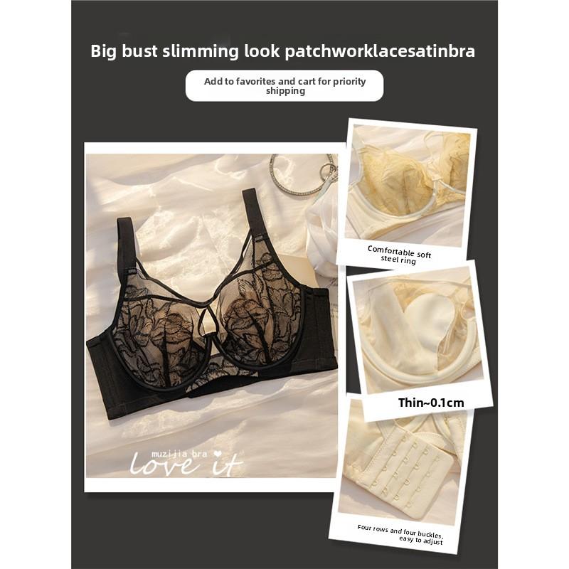 Shaping Lace Soft Underwire Bra, Sponge-Free Thin Cup Bust Minimizer Side Gathering Anti-Sag Full Bust Women Bra