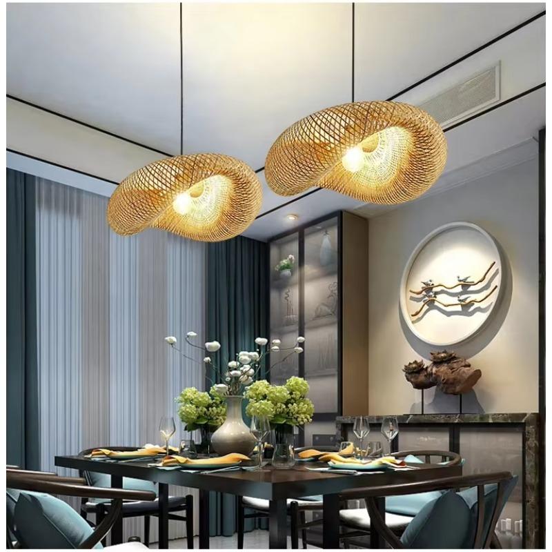 Natural Handmade Bamboo Woven Lamp Decorative Lighting Wooden Bamboo Chandeliers Creative Pendant Light Restaurant