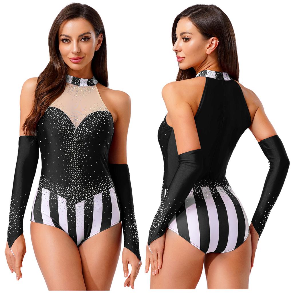 Glitterende Strass Kleurblok Maillot voor Dames S-3XL: Mouwloze Circus Ringmeester Bodysuit met Vingerloze Handschoenen voor Gymnastische Dans