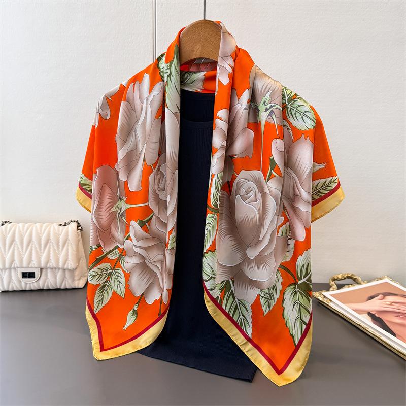 

Romantic Flower Language Satin Simulation Silk Printing Large Square Scarf Silk Scarf Shawl Headscarf Neck Protection Scarf 90*90cm