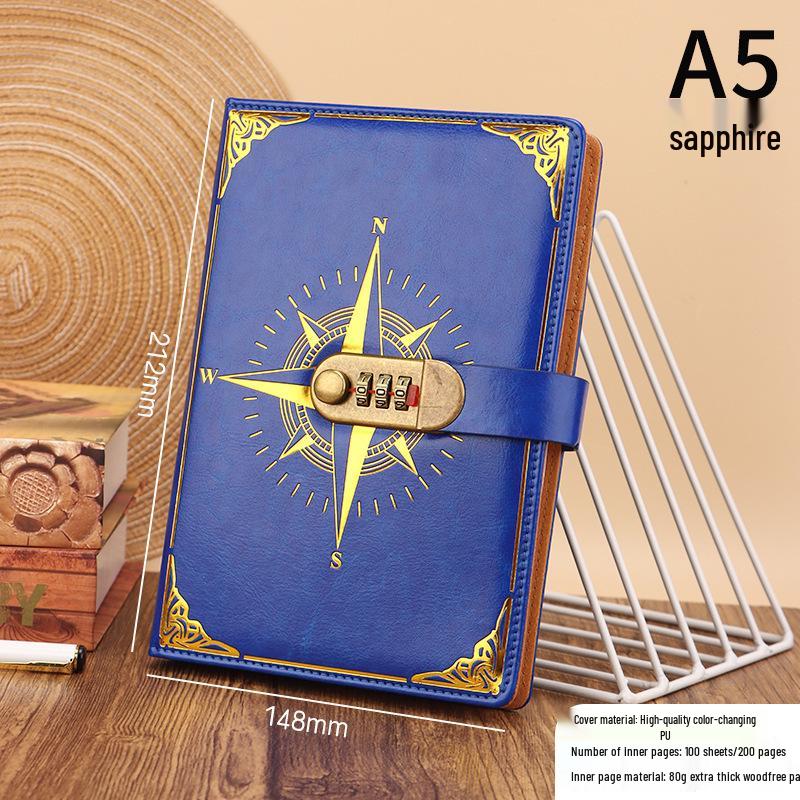 A5 Vintage Lockable Password Notebook - Thick Student Writing Diary